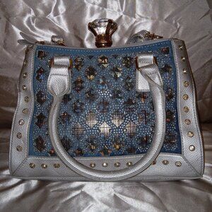 Dazzling Blue Denim & Metallic Silver Crossbody Handbag Purse w/Rhinestone (New)